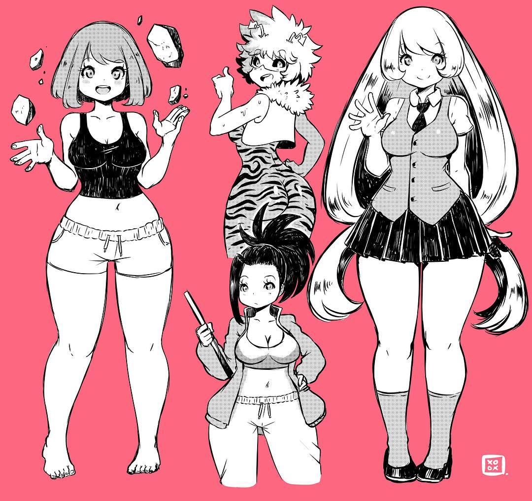 4girls, :d, antennae, ashido_mina, ass, back, bare_shoulders, bodysuit, boku_no_hero_academia, breasts, cleavage, curvy, domino_mask, feet, full_body, greyscale, hadou_nejire, jacket, kenron_toqueen, large_breasts, long_hair, looking_at_viewer, mask, medium_breasts, midriff, monochrome, multiple_girls, navel, open_mouth, pink_background, pleated_skirt, rock, school_uniform, short_hair, simple_background, skirt, smile, tank_top, thick_thighs, thumbs_up, uraraka_ochako, very_long_hair, waving, wide_hips, yaoyorozu_momo