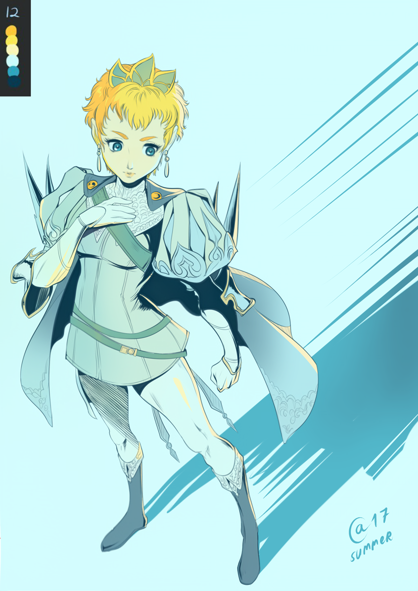 1girl, belt, blonde_hair, blue_boots, blue_eyes, boots, cape, clenched_hand