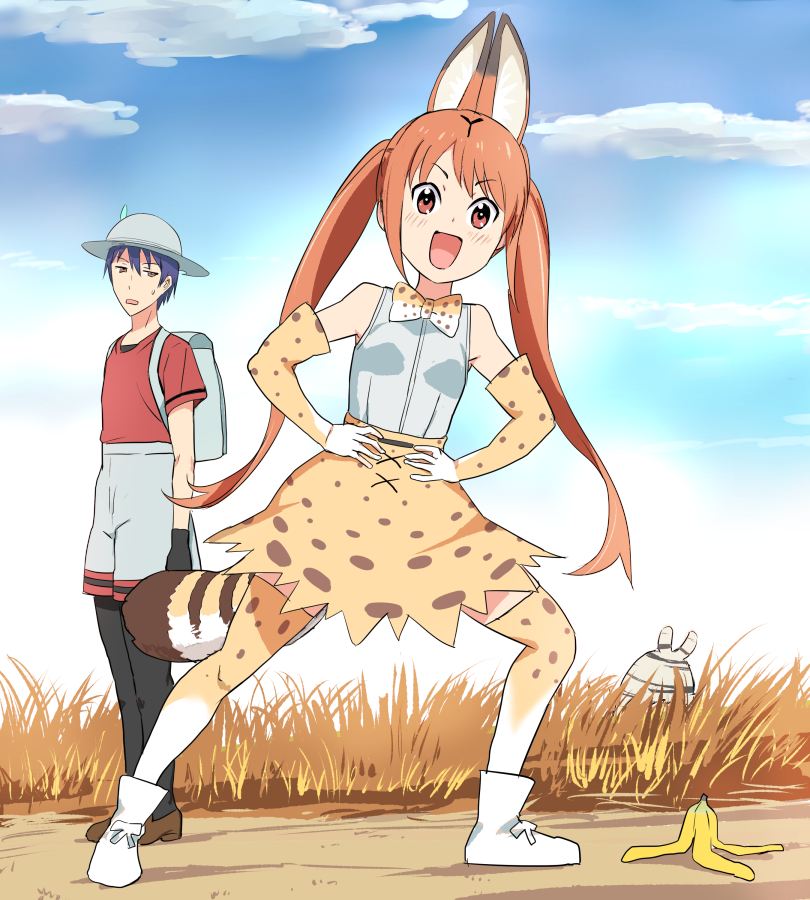 >:d, 1boy, 1girl, :d, aho_girl, akutsu_akuru, animal_ears, annoyed
