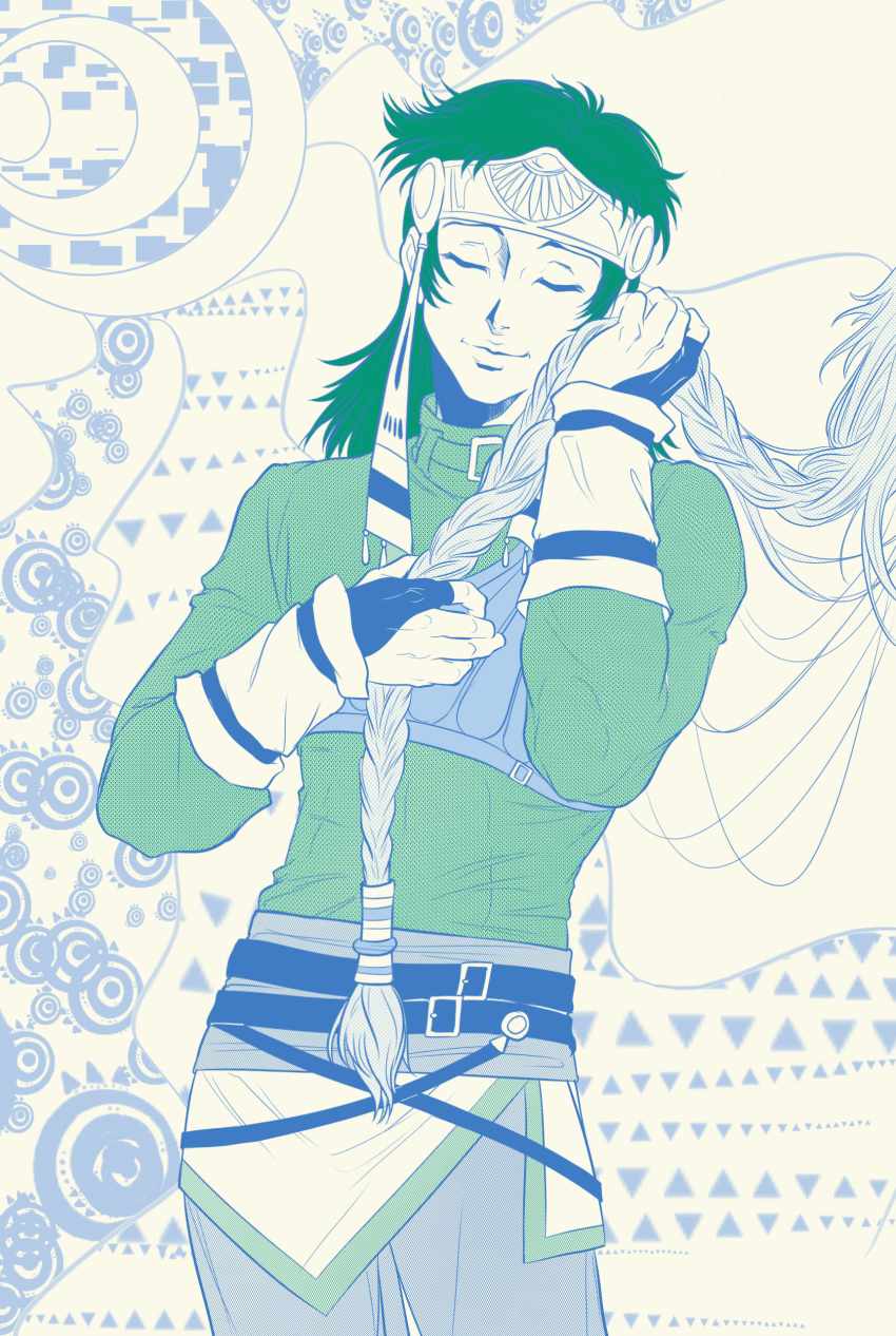 1boy, absurdres, belt, braid, closed_eyes, cowboy_shot, gloves, hair_tubes