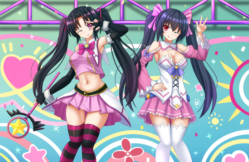2girls, :p, bare_shoulders, black_hair, blush, breasts, crossover, hair_ornament