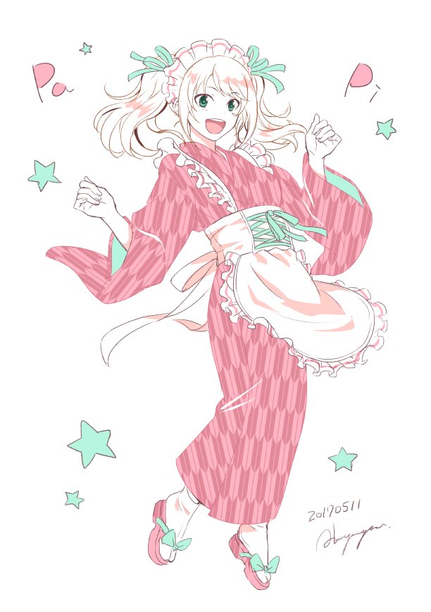 1boy, apron, bashamichi, bow, cross-laced_clothes, dated, frills, green_eyes