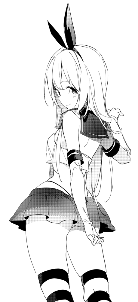 1girl, ass, bangs, bare_shoulders, bow, closed_eyes, commentary_request, crop_top, elbow_gloves, from_behind, fuji-yama, gloves, greyscale, hair_bow, hairband, highleg, highleg_panties, kantai_collection, long_hair, looking_at_viewer, looking_back, miniskirt, monochrome, panties, sailor_collar, shimakaze_(kantai_collection), simple_background, skirt, smile, solo, standing, striped, striped_legwear, thighs, underwear, white_background
