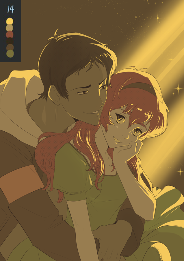 1boy, 1girl, alternate_hair_length, alternate_hairstyle, brown_eyes, brown_hair, color_guide, dress, female, green_dress, hairband, hood, hug, hug_from_behind, hyakujuu-ou_golion, jacket, lance_(voltron), light, male, orange_hair, pidge_gunderson, sasha_gladysh, smile, teeth, voltron:_legendary_defender