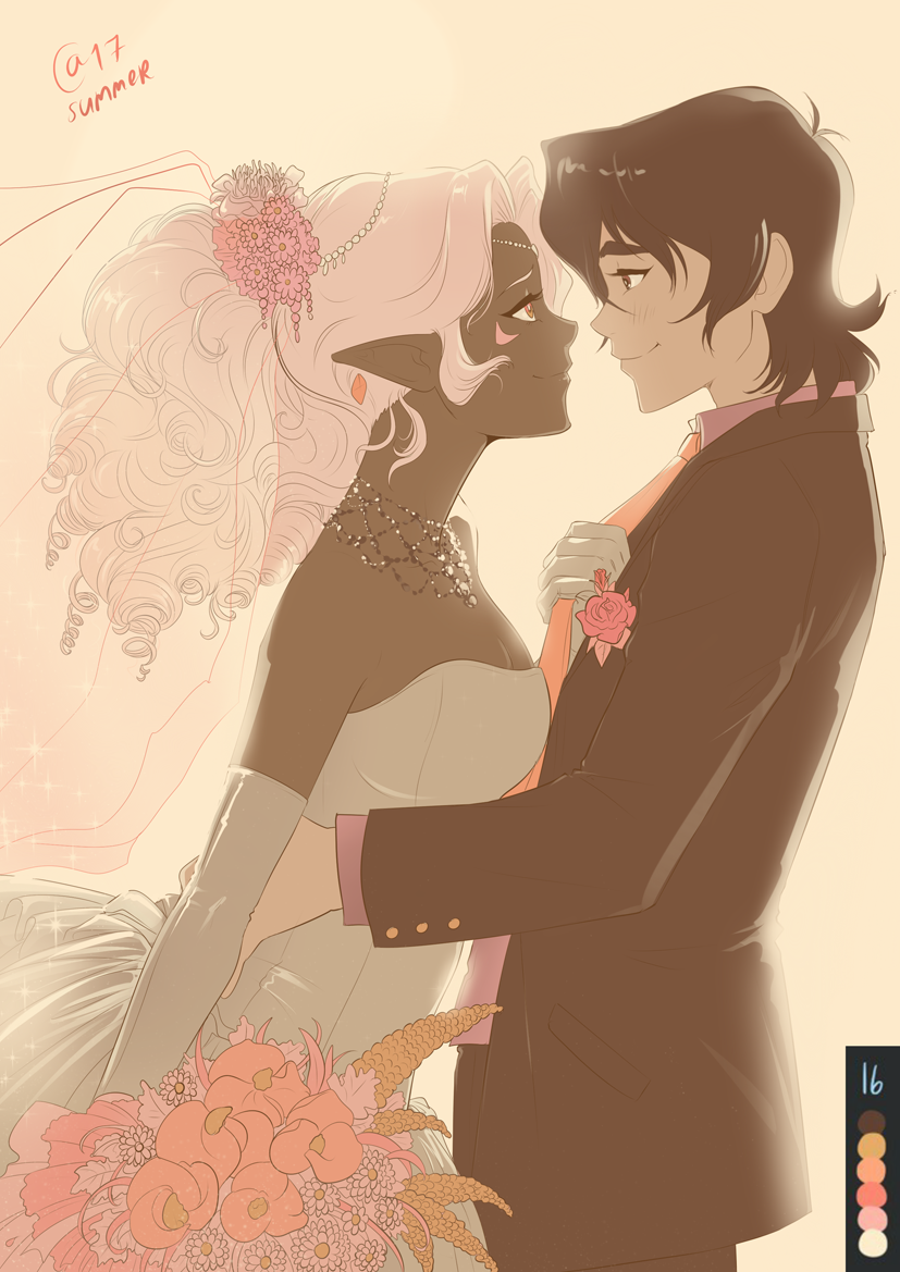 1boy, 1girl, bare_shoulders, beads, black_hair, blush, bouquet, breasts