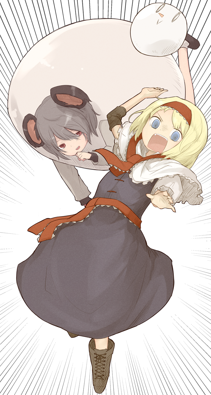 2girls, alice_margatroid, animal_ears, blonde_hair, blue_eyes, boots, brown_boots, cookie_(touhou)