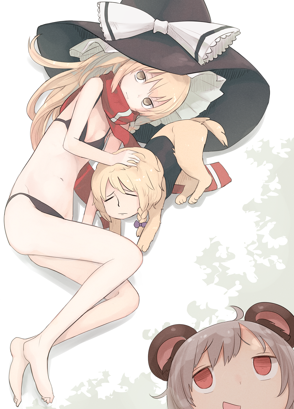 2girls, black_hat, blonde_hair, blush, breasts, brown_hair, cleavage, closed_mouth