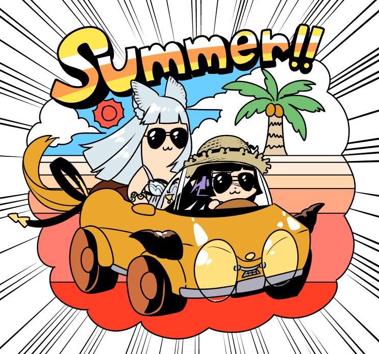 2girls, bkub_(style), car, chibi, driving, granblue_fantasy, ground_vehicle, hat