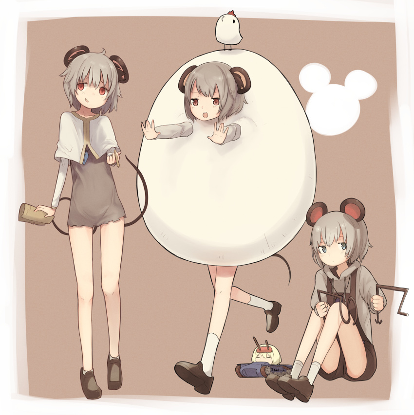 3girls, animal_ears, bare_legs, black_shorts, brown_shoes, capelet, cookie_(touhou), dowsing_rod