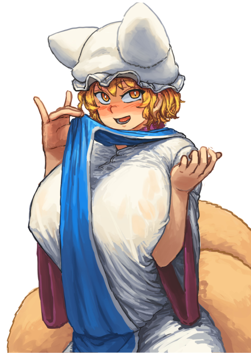 1girl, bangs, blonde_hair, blush, breasts, chanta_(ayatakaoisii), commentary, extra_ears, fox_tail, hand_up, hat, highres, huge_breasts, long_sleeves, looking_at_viewer, multiple_tails, nose_blush, open_mouth, pillow_hat, plump, shirt, short_hair, simple_background, skirt, smile, solo, tabard, tabard_lift, tail, teeth, tongue, touhou, upper_body, white_background, white_shirt, white_skirt, wide_sleeves, yakumo_ran