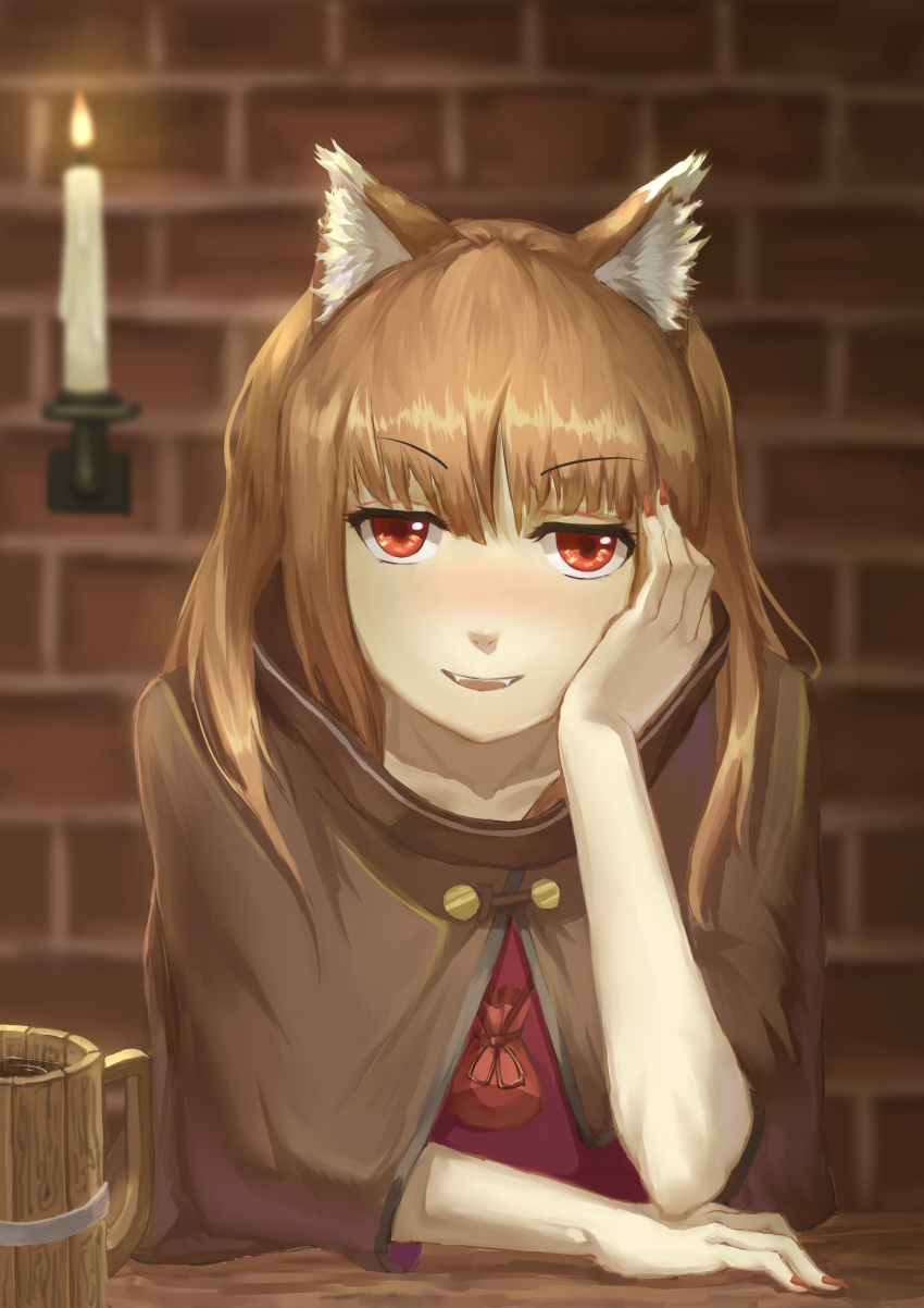 >:d, 1girl, :d, absurdres, blush, brown_hair, candle, chin_rest