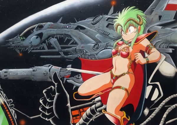 1girl, 80s, armor, bikini_armor, cape, green_hair, holding, holding_sword