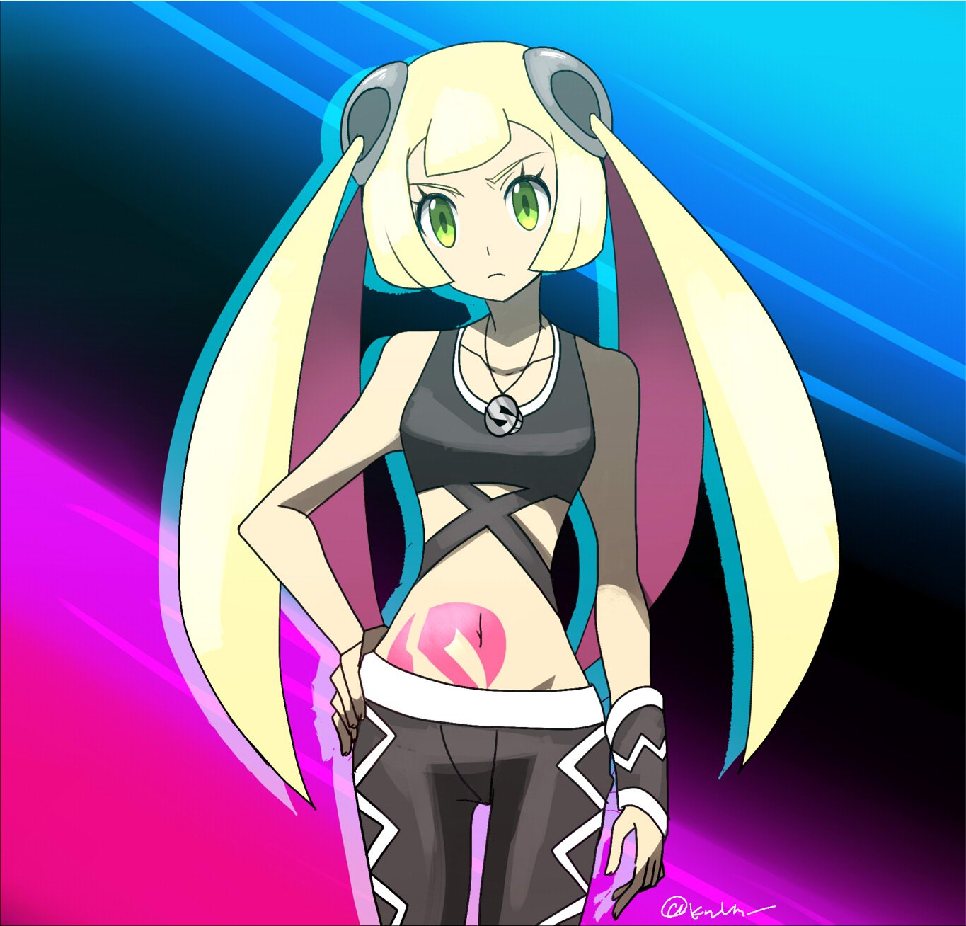1girl, black_pants, blonde_hair, cosplay, green_eyes, hand_on_hip, highres, jewelry
