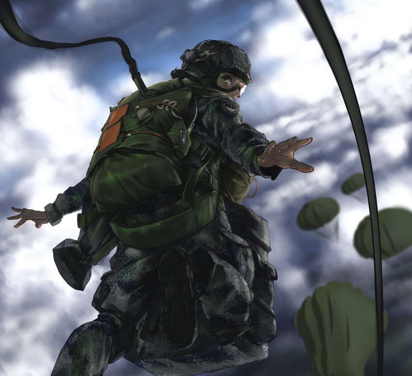 1girl, assault_rifle, boots, camouflage, goggles, gun, helmet, highres
