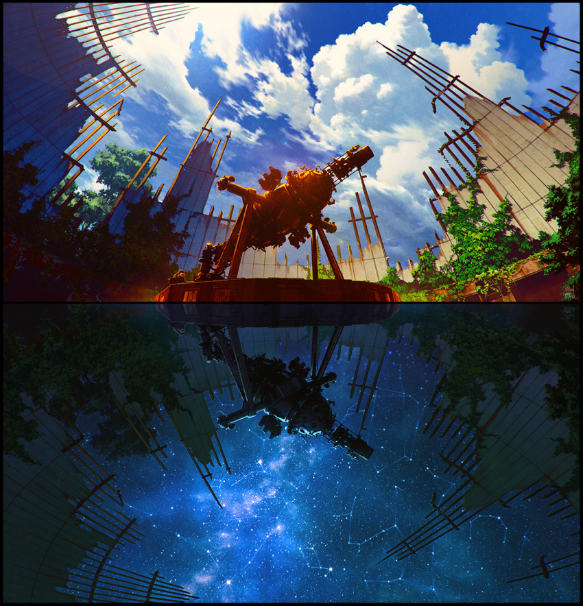 border, clouds, commentary, constellation, day_and_night, fisheye, mocha_(cotton), night