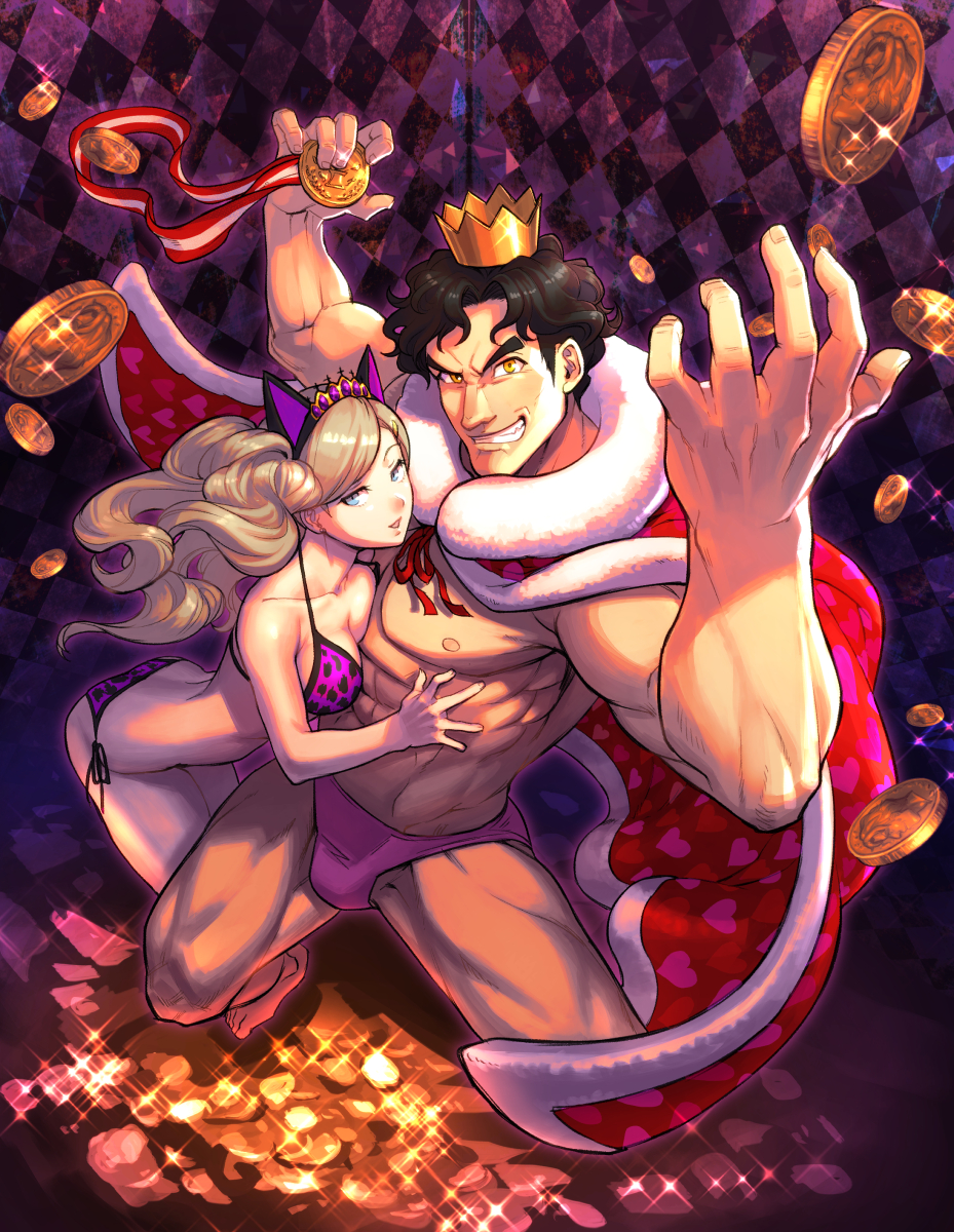 1boy, 1girl, animal_ears, animal_print, bikini, black_hair, blonde_hair, blue_eyes