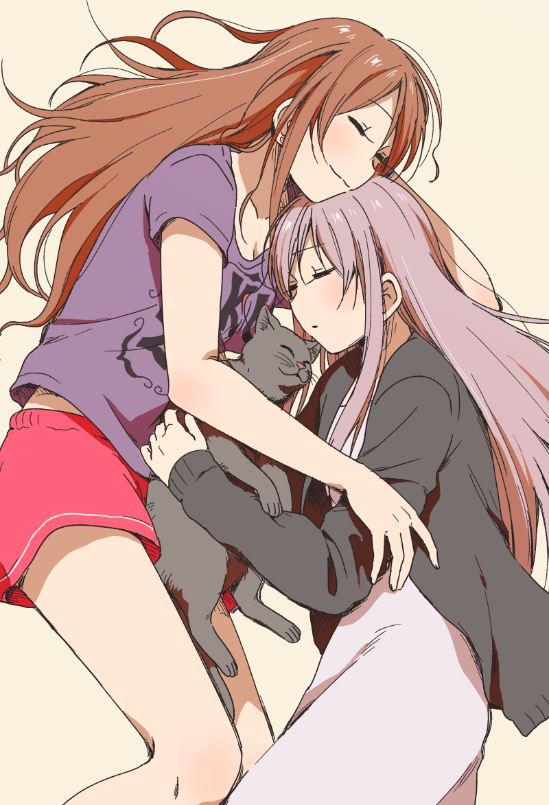 2girls, bang_dream!, bangs, brown_hair, cat, closed_eyes, eyebrows_visible_through_hair, grey_hair