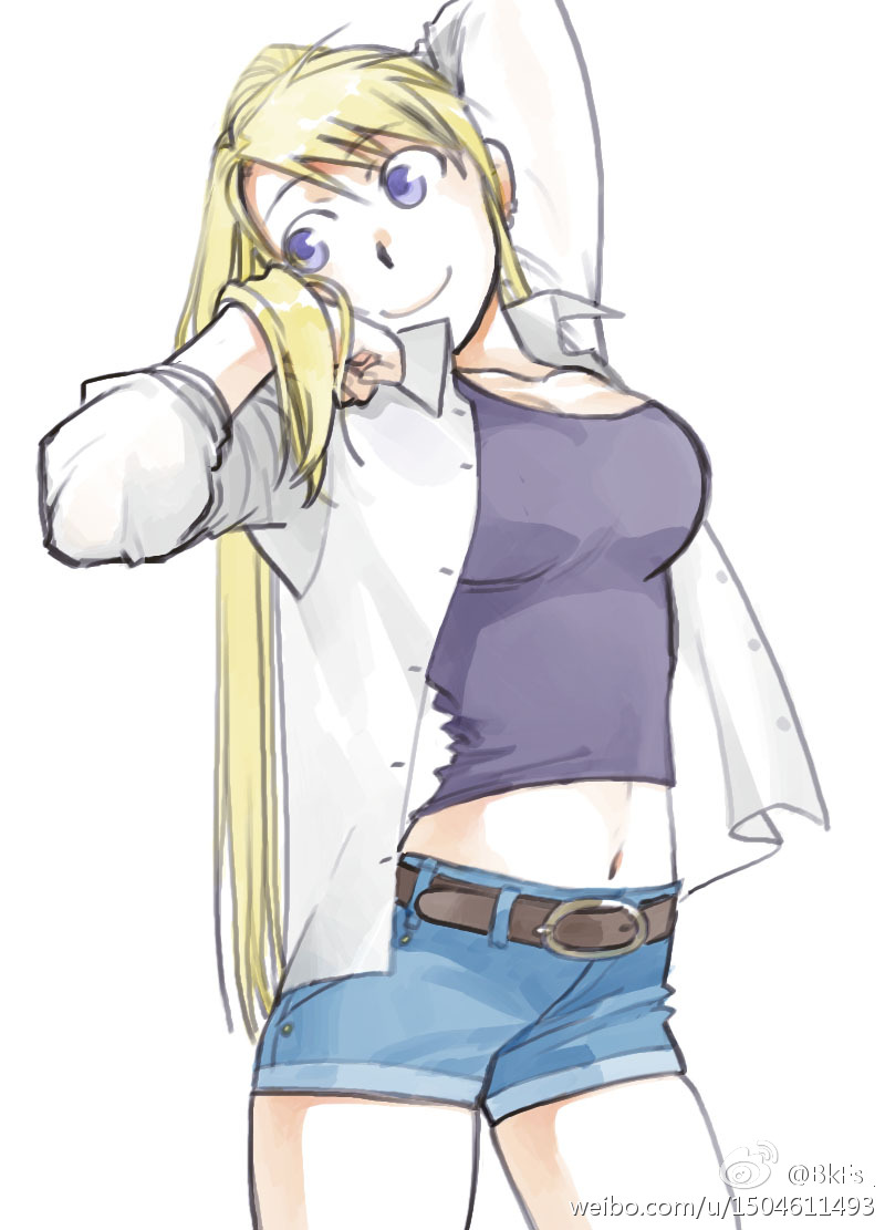 1girl, belt, blackfoxes, blonde_hair, blue_eyes, blue_shirt, earrings, eyebrows_visible_through_hair