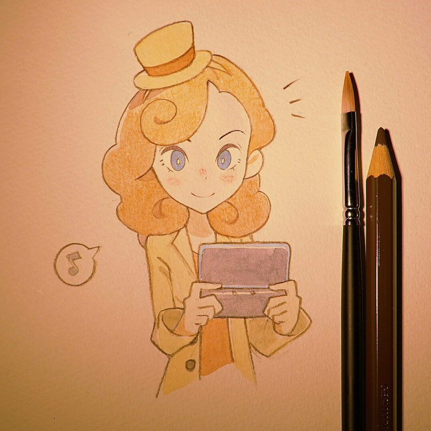 1girl, blue_eyes, blush_stickers, brown_hair, brush, coat, handheld_game_console, hat, ilya_kuvshinov, katrielle_layton, layton_mystery_journey, mini_hat, mini_top_hat, nintendo_ds, pencil, photo, professor_layton, smile, solo, top_hat, traditional_media