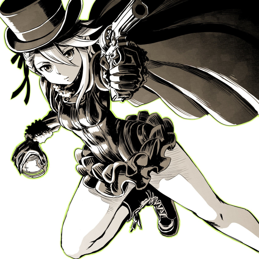 1girl, aiming_at_viewer, ange_(princess_principal), boots, braid, dress, french_braid, frilled_skirt