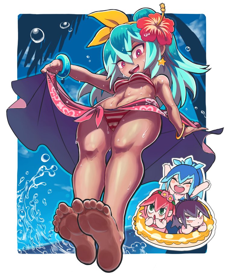 4girls, beachhime, bikini, black_bikini, blue_bikini, blue_hair, blush, blush_stickers, bow, bracelet, chibi, commentary, eyelashes, feet, flower, fubukihime, gashi-gashi, green_eyes, hair_bow, hair_flower, hair_ornament, hibiscus, hyakkihime, innertube, jewelry, long_hair, looking_down, multicolored_hair, multiple_girls, ocean, open_mouth, outstretched_arms, pendant, pink_eyes, pink_hair, ponytail, purple_hair, red_bikini, sky, smile, star, string_bikini, striped, striped_bikini, sweat, swimsuit, tan, teeth, towel_around_waist, tsubakihime_(youkai_watch), violet_eyes, water, water_drop, youkai, youkai_watch