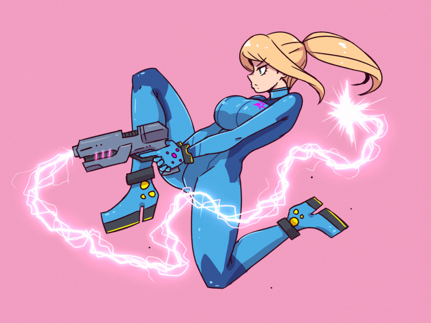1girl, aiming, akairiot, ankle, blonde_hair, blue_bodysuit, bodysuit, bracelet