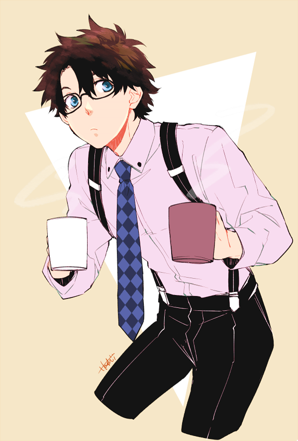 1boy, black_hair, blue_eyes, cup, fate/grand_order, fate_(series), fujimaru_ritsuka_(male), glasses, male_focus, mug, necktie, short_hair, solo, t3run