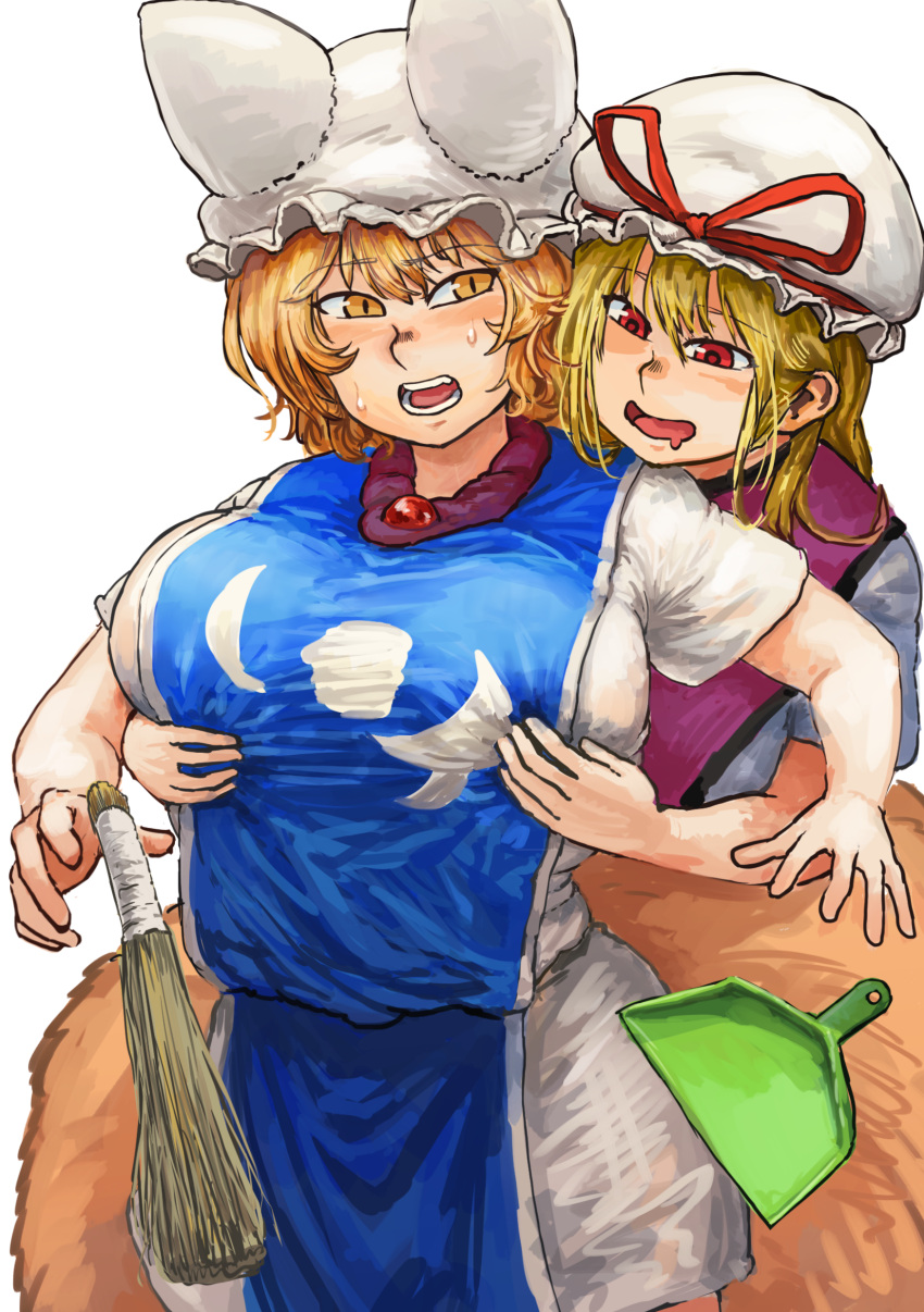 2girls, absurdres, animal_ears, bangs, behind_another, blonde_hair, blush, breasts, chanta_(ayatakaoisii), commentary, dress, drooling, eyebrows_visible_through_hair, fox_tail, hair_between_eyes, hat, highres, huge_breasts, long_hair, looking_at_another, looking_at_breasts, multiple_girls, multiple_tails, nipple_rub, nose_blush, open_mouth, pillow_hat, simple_background, slit_pupils, sweatdrop, tabard, tail, teeth, upper_body, white_background, white_dress, white_hat, wide_hips, yakumo_ran, yakumo_yukari, yellow_eyes, yuri