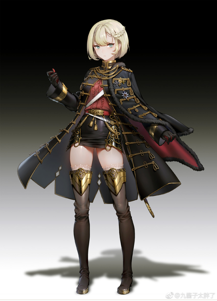 1girl, absurdres, asymmetrical_bangs, bangs, belt, black_gloves, black_legwear, blonde_hair, blue_eyes, bob_cut, boots, braid, closed_mouth, coat, french_braid, full_body, fur_trim, gloves, gradient, gradient_background, half_updo, highres, lace, lace-trimmed_thighhighs, looking_at_viewer, medium_hair, miniskirt, original, pencil_skirt, quuni, saber_(weapon), short_hair, simple_background, skirt, solo, standing, sword, thigh-highs, thigh_boots, turtleneck, weapon, white_legwear