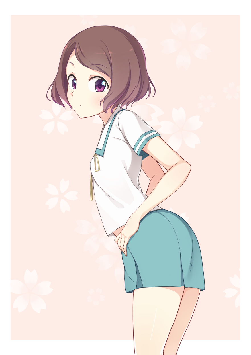 1girl, brown_hair, choco_flex, flat_chest, haruki_misora, highres, looking_at_viewer, looking_back