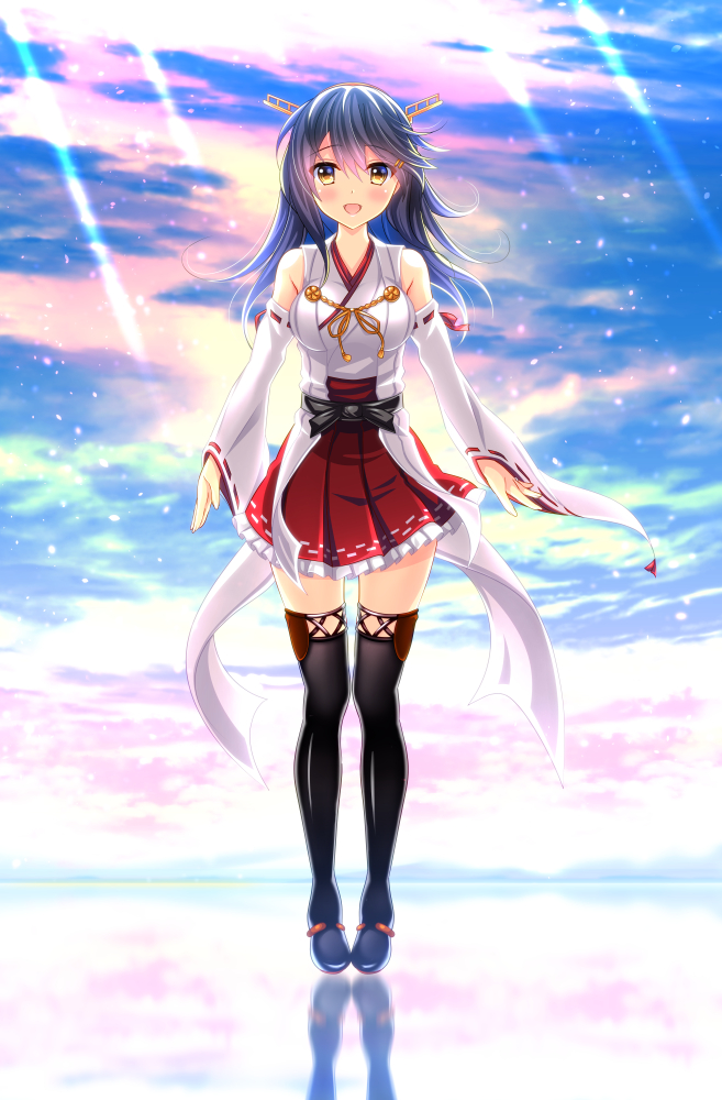 1girl, :d, black_hair, black_legwear, blush, detached_sleeves, hair_ornament, hairclip