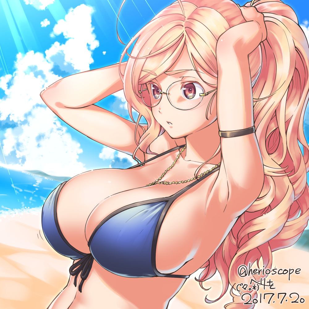 1girl, arm_strap, armpits, beach, between_breasts, bikini, blonde_hair, blue_bikini