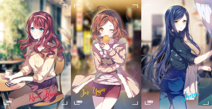 10s, 3girls, bag, blue_eyes, brown_eyes, brown_hair, cellphone, character_name, food, green_eyes, idolmaster, idolmaster_cinderella_girls, im_yujin, juney, multiple_girls, n_n_(vbdpsep), one_eye_closed, open_mouth, pantyhose, phone, redhead, ryoo_haena, short_hair, smartphone, smile, taiyaki, wagashi