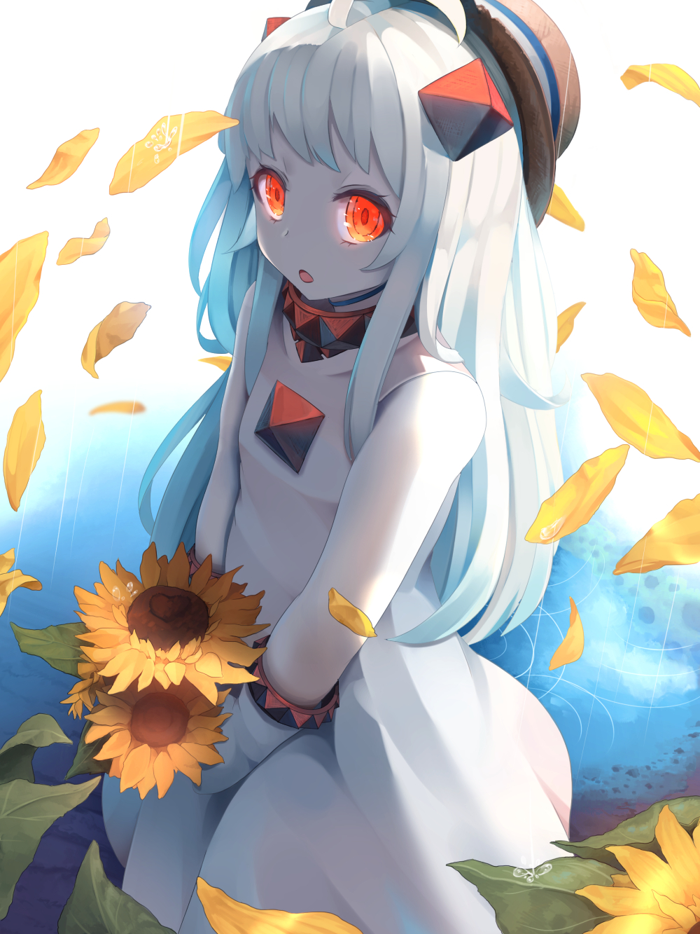 1girl, dress, flower, highres, horns, kantai_collection, long_hair, mittens, nasubi_(fian0202), northern_ocean_hime, open_mouth, petals, rain, red_eyes, shinkaisei-kan, sleeveless, sleeveless_dress, solo, sunflower, white_dress, white_hair, white_skin