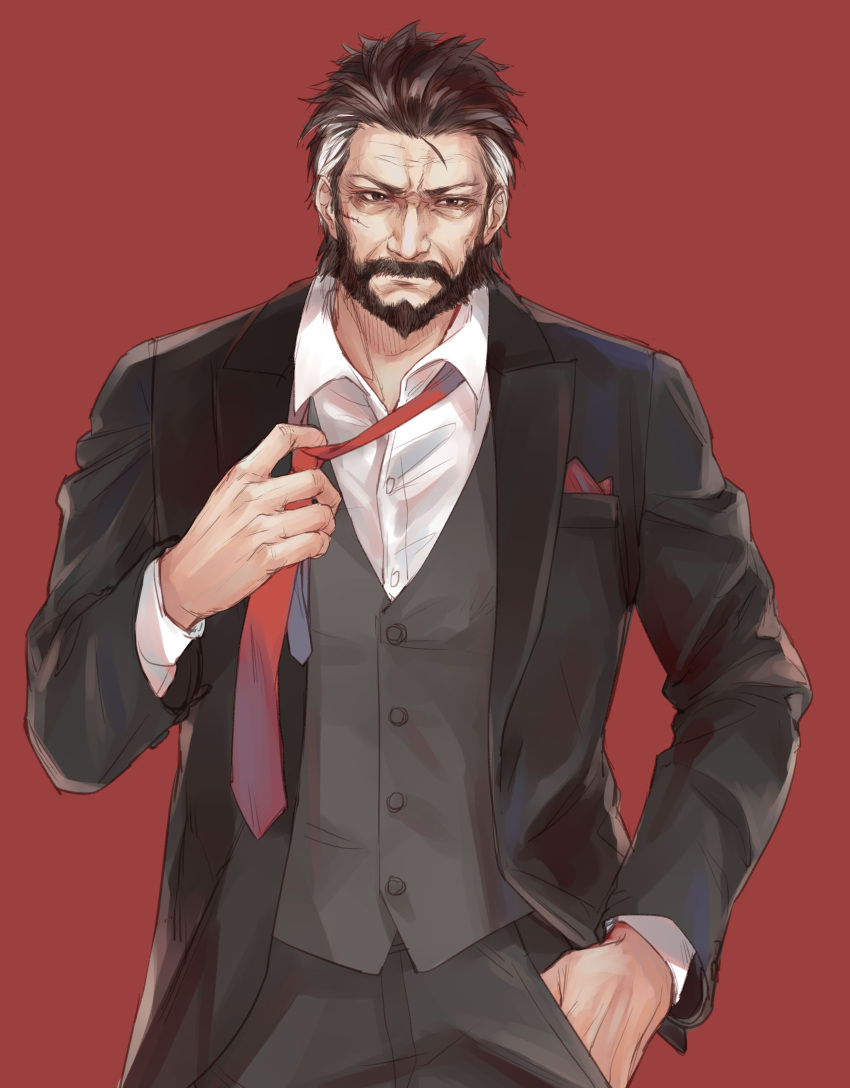 1boy, absurdres, adjusting_clothes, adjusting_necktie, beard, black_hair, character_request, ck_(26982497), cowboy_shot, facial_hair, formal, girls_frontline, hand_in_pocket, highres, looking_away, male_focus, necktie, red_background, red_necktie, scar, solo, standing, suit