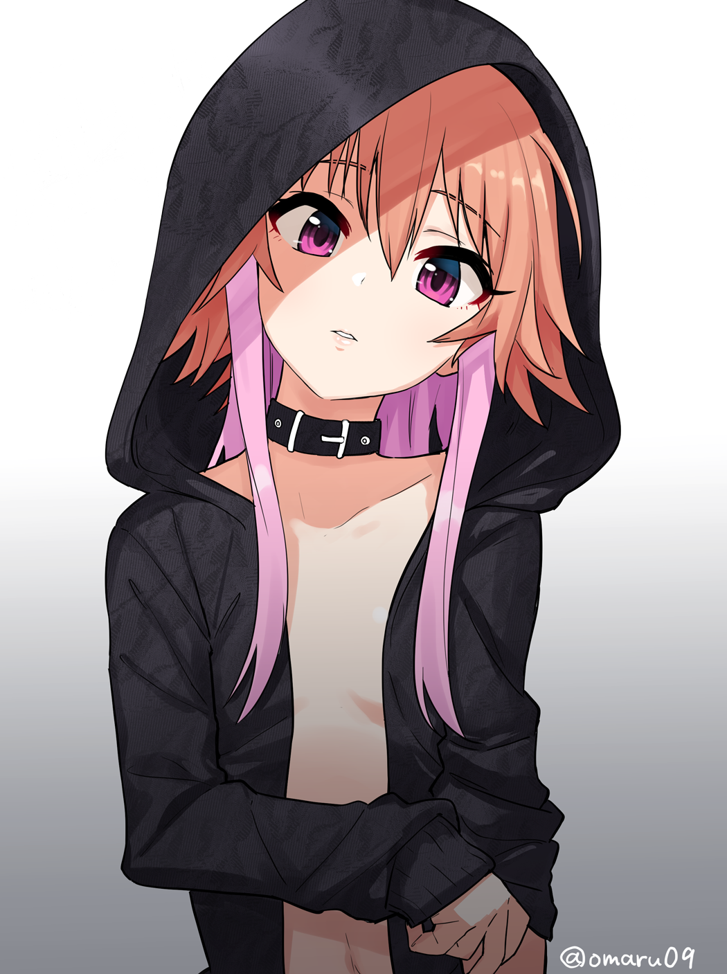 10s, 1girl, breasts, collar, collarbone, gradient, gradient_background, grey_background