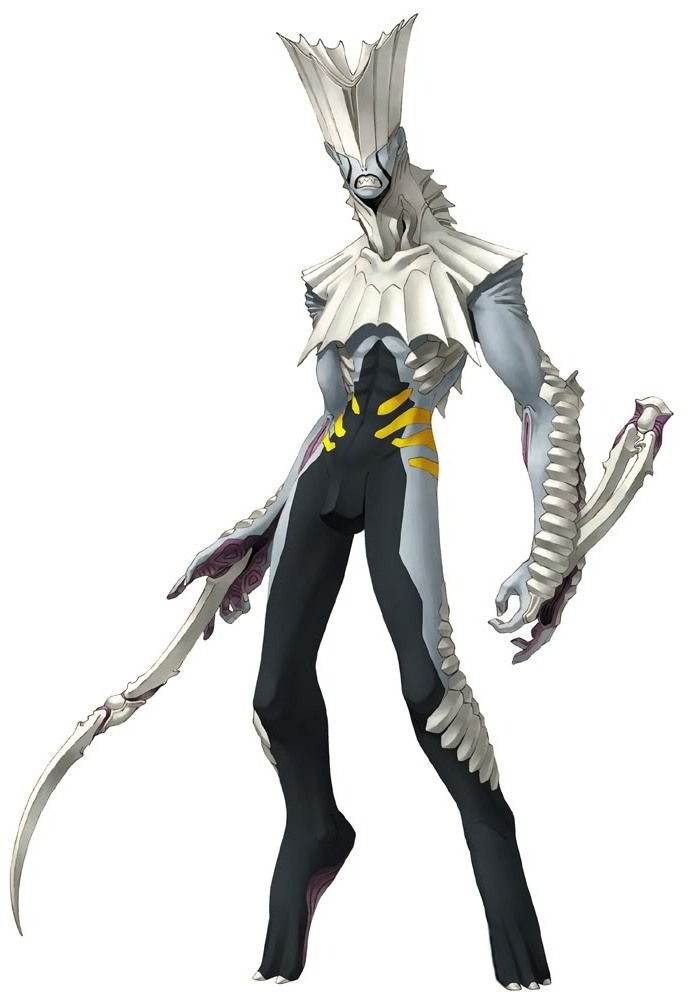 1boy, arm_blade, blade, carapace, claws, demon, demon_boy, digital_devil_saga, digitigrade, kazuma_kaneko, multicolored, multicolored_skin, nail, no_eyes, official_art, sharp_teeth, spines, teeth, varuna_(digital_devil_saga), weapon