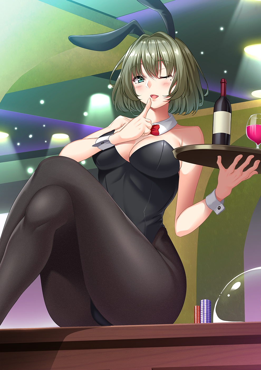 10s, 1girl, ame_isshiki, animal_ears, black_leotard, blue_eyes, bottle, bow, bowtie, breasts, brown_hair, bunnysuit, cup, detached_collar, drinking_glass, finger_to_mouth, green_eyes, heterochromia, highres, idolmaster, idolmaster_cinderella_girls, leotard, looking_at_viewer, medium_breasts, mole, mole_under_eye, open_mouth, pantyhose, rabbit_ears, red_bow, red_bowtie, short_hair, sitting, solo, strapless, strapless_leotard, takagaki_kaede, tray, wine_bottle, wine_glass, wrist_cuffs