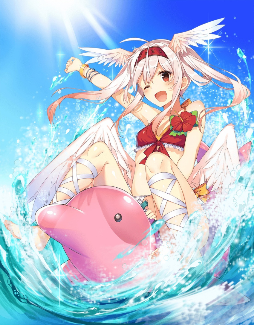1girl, ange_vierge, angel, arm_up, bangs, bikini, blue_sky, bracelet