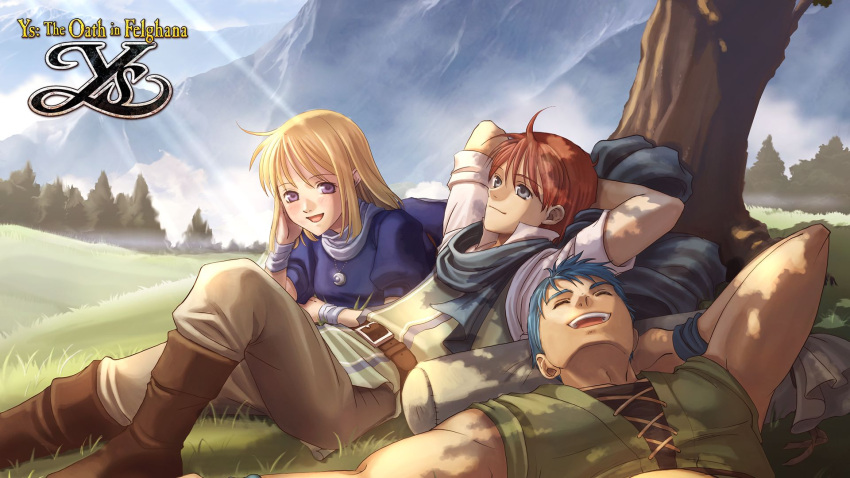1girl, adol_christin, blonde_hair, blue_hair, brown_hair, company_name, copyright_name, day