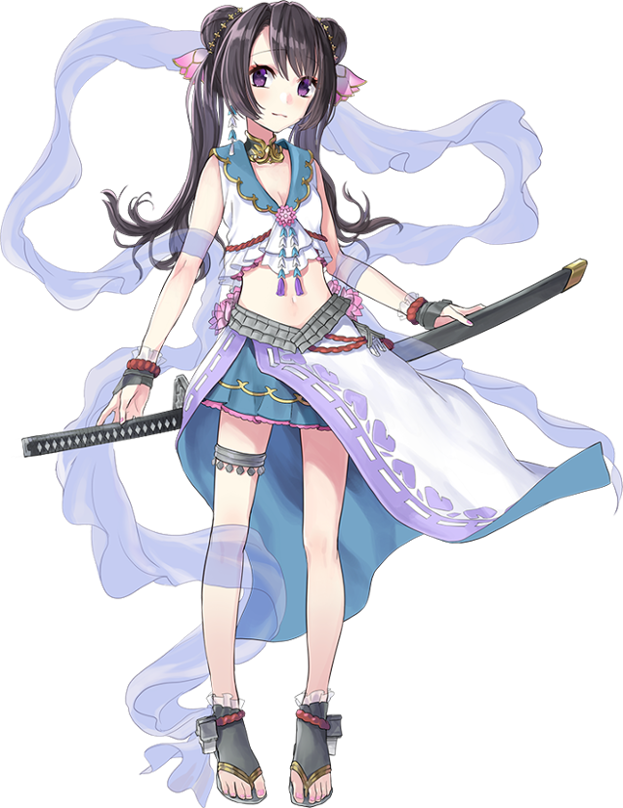 1girl, bicchuutakamatsu_(oshiro_project), breasts, brown_hair, cleavage, double_bun, feet, fingerless_gloves, full_body, gloves, hair_ornament, holding, holding_sword, holding_weapon, katana, kazune_(baumkuchen), long_hair, oshiro_project, oshiro_project_re, pleated_skirt, skirt, sleeveless, small_breasts, sword, toeless_legwear, toes, transparent_background, twintails, violet_eyes, weapon