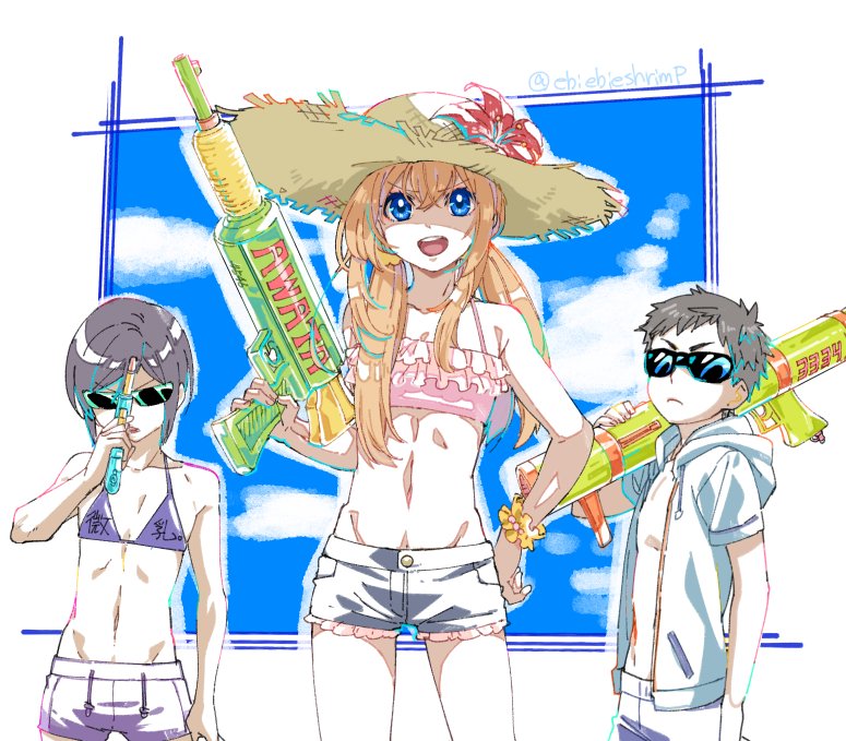 >:d, 3boys, :d, alternate_hairstyle, atsushi_toushirou, bikini_top, black_hair, blonde_hair