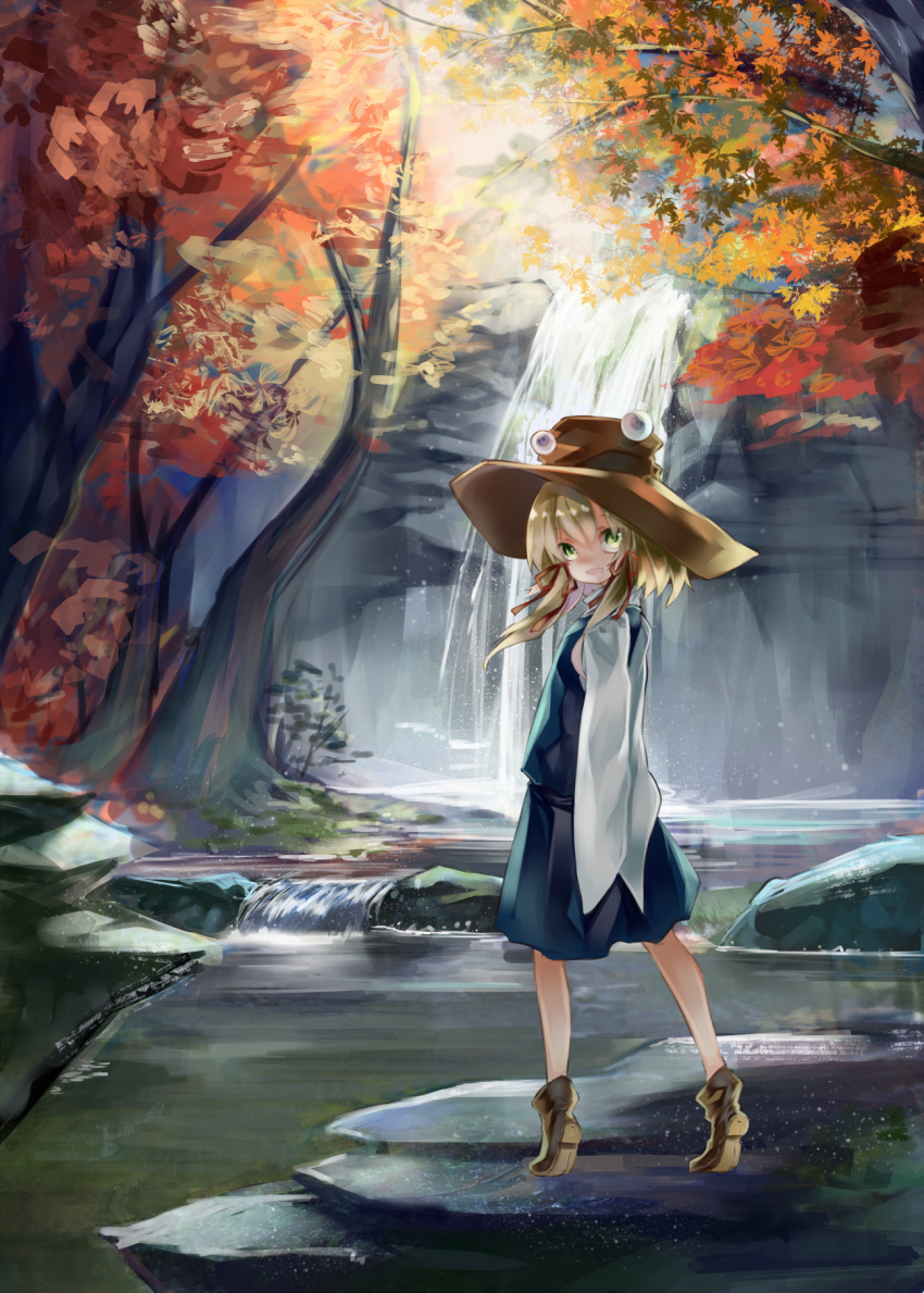 1girl, autumn_leaves, bangs, black_skirt, blonde_hair, day, detached_sleeves, full_body