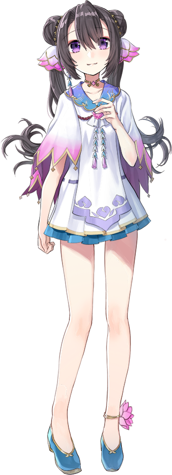 1girl, bicchuutakamatsu_(oshiro_project), blue_legwear, breasts, brown_hair, double_bun, full_body, high_heels