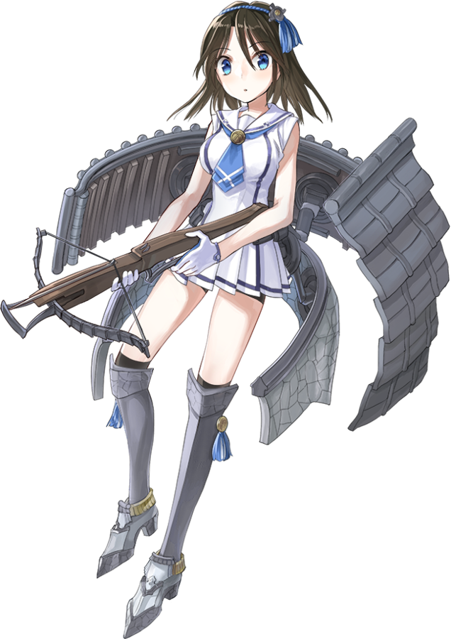 1girl, blue_eyes, blue_neckerchief, boots, bowgun, breasts, brown_hair, dress