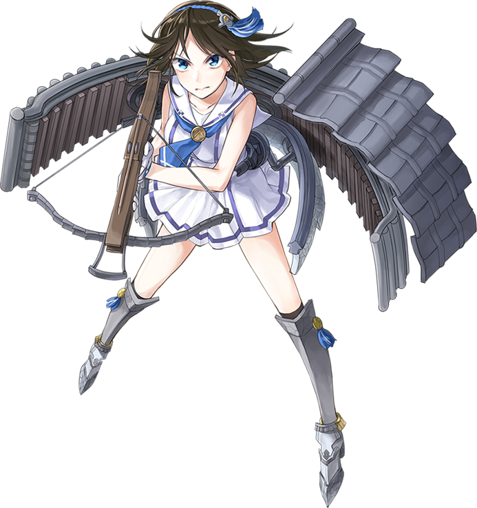 >:|, 1girl, blue_eyes, blue_neckerchief, boots, bowgun, breasts, brown_hair