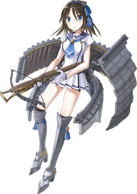 1girl, blue_eyes, blue_neckerchief, boots, bowgun, breasts, brown_hair, dress