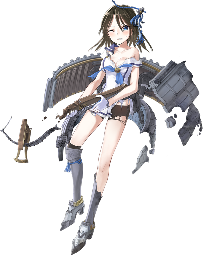 1girl, bare_shoulders, bike_shorts, blue_eyes, blue_neckerchief, boots, bowgun, breasts