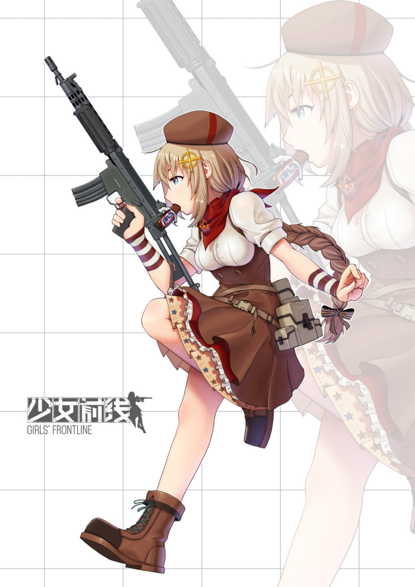 1girl, assault_rifle, fn_fnc, fn_fnc_(girls_frontline), food_in_mouth, girls_frontline, gun, highres