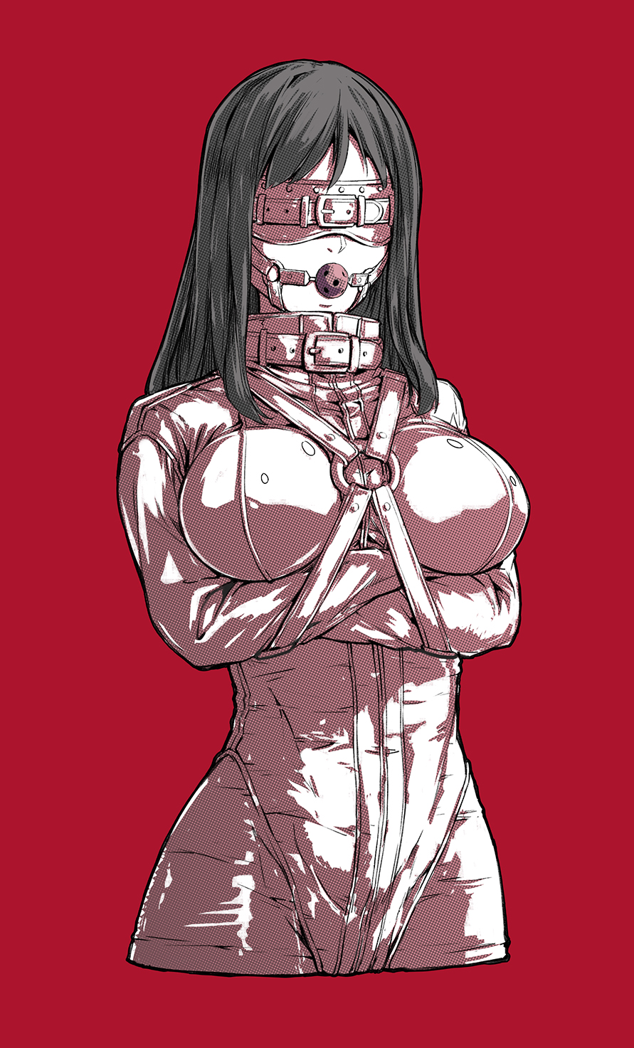 1girl, a4typhoon, ball_gag, belt, blindfold, bodysuit, bound, breasts